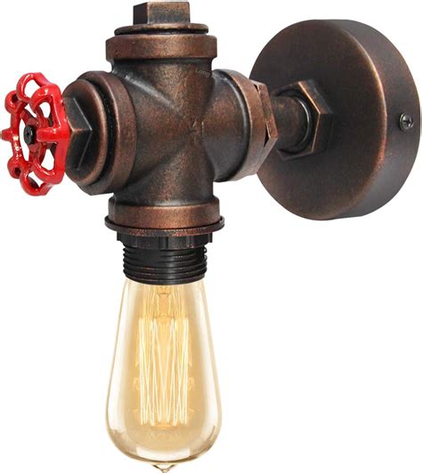 Retro Vintage Industrial Water Pipe Wall Light Rustic Metal Red Valve