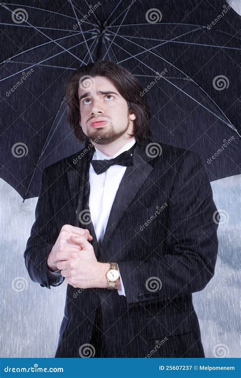 Man Holding Umbrella In The Rain And Sighing Stock Image Image Of