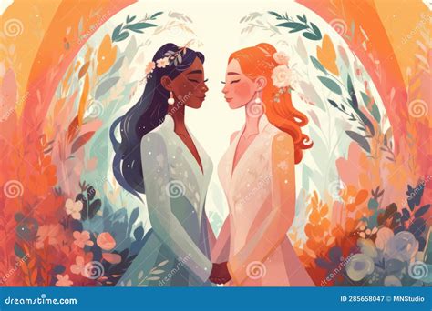 Happy Cheerful Lesbian Brides Hugging On Their Wedding Female Gay Couple Surrounded With People