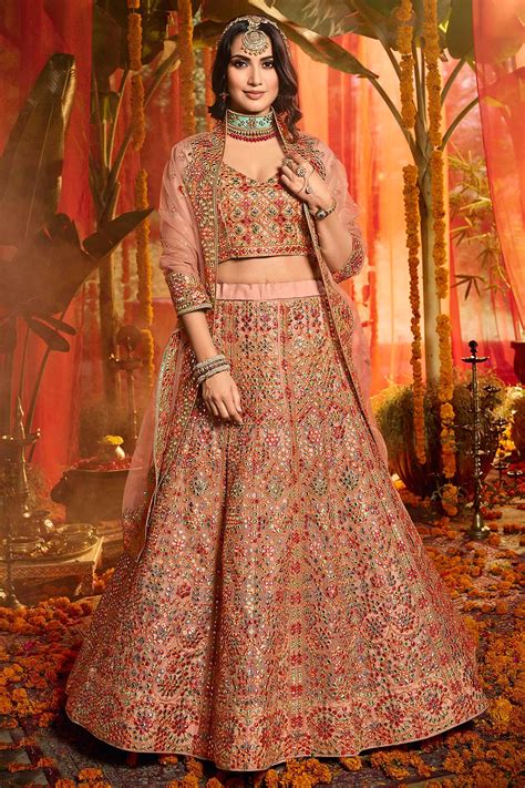 Buy Peach Embroidered Lehenga In Organza Silk Online Like A Diva