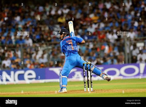 Indian captain batsman M S Dhoni plays shot 2011 ICC World Cup Final ...