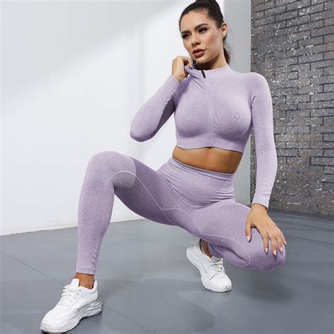 Women Gym Wear Long Sleeve Sports Yoga Pants Leggings Seamless Suit