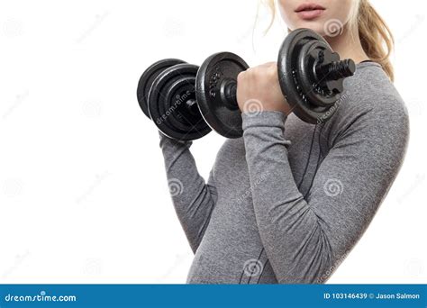 Blonde Haired Woman Working Out Stock Image Image Of Muscle Dumbbells 103146439