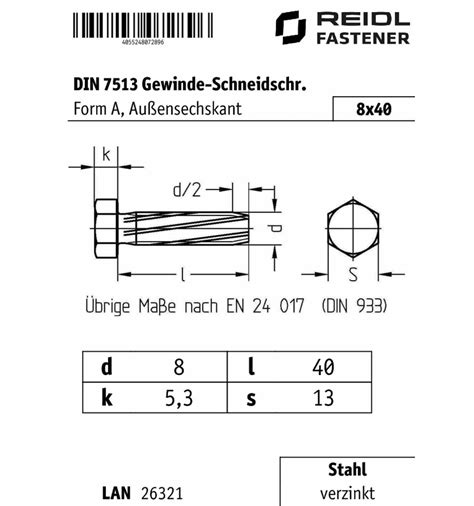 Din Gewinde Schneidschrauben Form A M X Stahl Galv Verzinkt