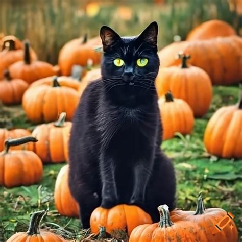 Black Cat In A Pumpkin Field