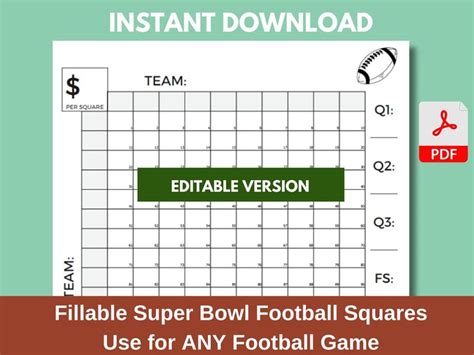 Football Squares Template Fillable Super Bowl Squares Game Printable Fundraiser Football Betting