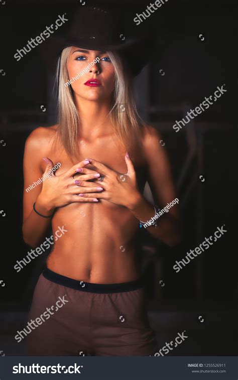 Sexy Naked Country Girl Wearing Cowboy Stock Photo 1255526911