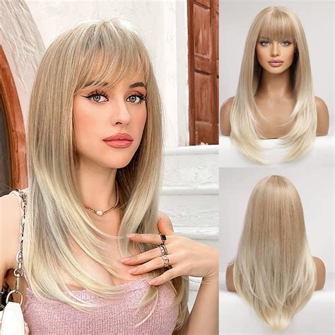 Haircube Long Ombre Blonde Wigs For Women Straight Synthetic Layered Wig With Bangs