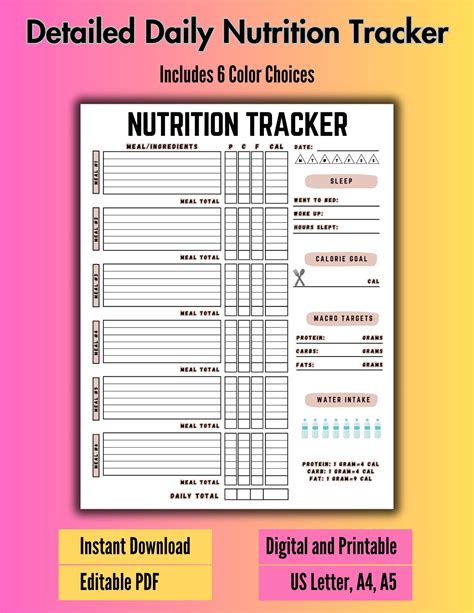 Editable Meal Planner Digital Printable Meals Calories Macros Food