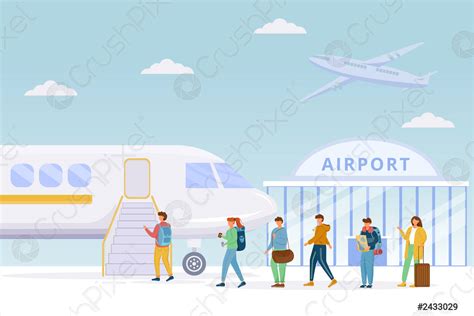 Pasajeros embarcando avión plano vector ilustración aeropuerto personas