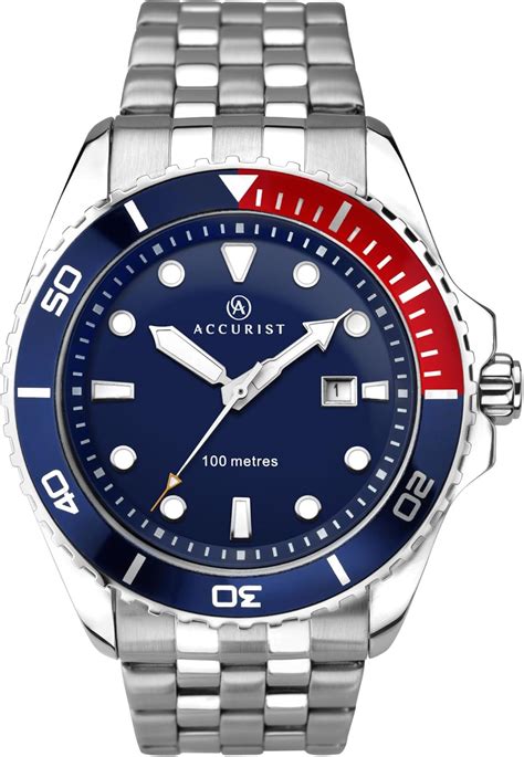 Accurist Mens Quartz Watch With Bluered Quarter Dial Analogue Display And Silver Stainless