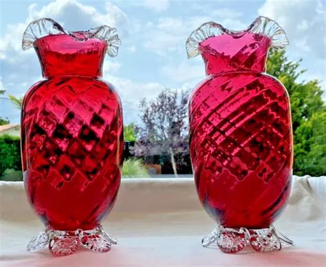 Vases Victorien Ancien En Verre Souffl Bouche Rouge Amberina Ambre