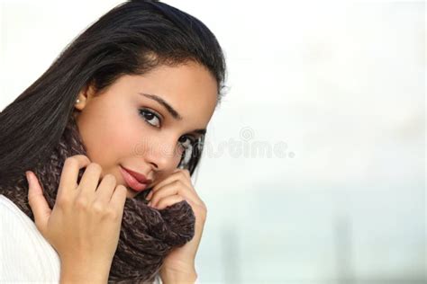 Portrait Of A Beautiful Arab Woman Face With A Black Scarf Stock Image