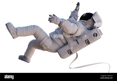 Astronaut With Safety Tether Flying In Outer Space Isolated On White