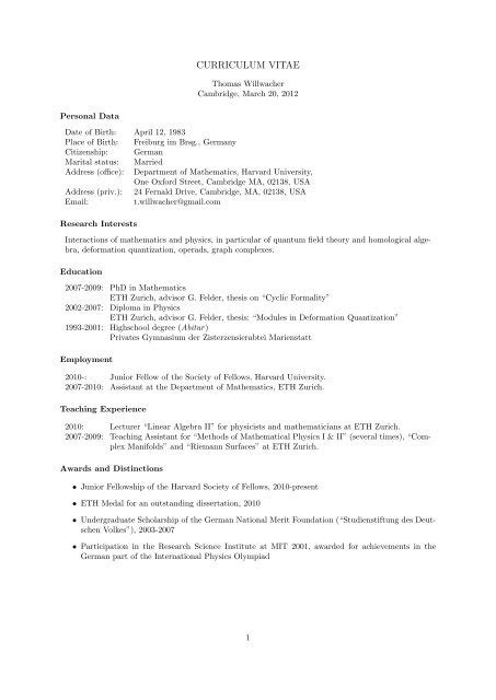 Curriculum Vitae Department Of Mathematics Harvard University