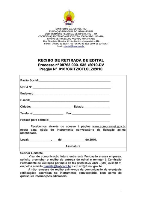 Pdf Recibo De Retirada De Edital Funai Gov Br Motores