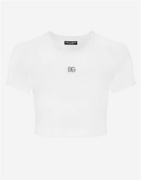 Cropped Jersey T Shirt With Dg Logo In White For Women Dolceandgabbana®