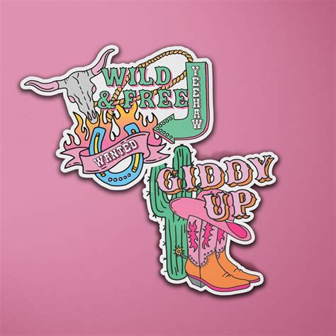 2 Western Themed Vinyl Stickers Cowboy Hat Boots Cactus Giddy Up