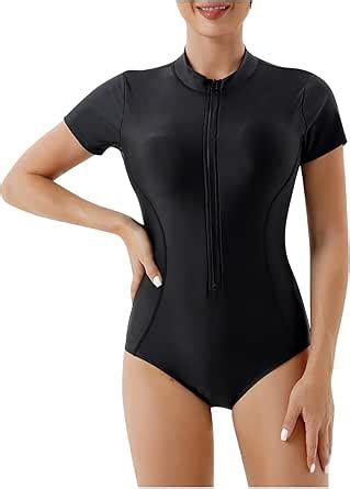 Womens One Piece Short Sleeve Rash Guard Surfing Modest Swimsuit Bikini Zipper Front Bathing