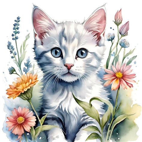 Watercolor Illustration Cute Fluffy Kitten Surrounded By Flowers Art