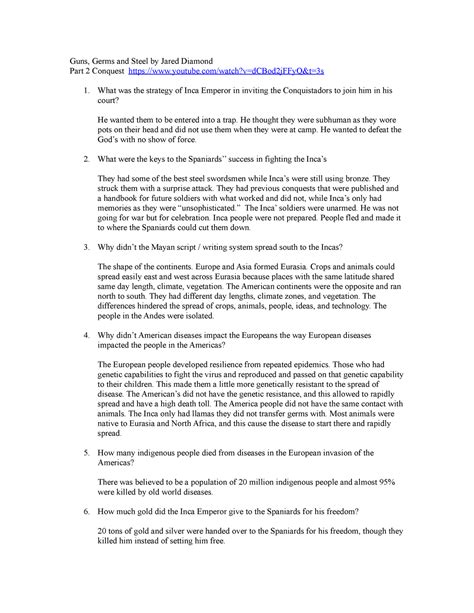 Guns Germs And Steel Part 2 Worksheet Questions Guns Germs And Steel By Jared Diamond Part 2