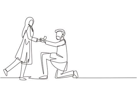 Single One Line Drawing Arab Man Kneeling Offering Engagement Ring To