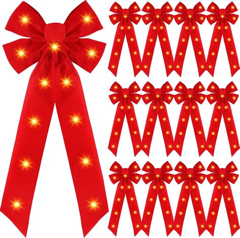 Crowye 12 Pcs Red Led Christmas Bows Lighted Xmas Bows