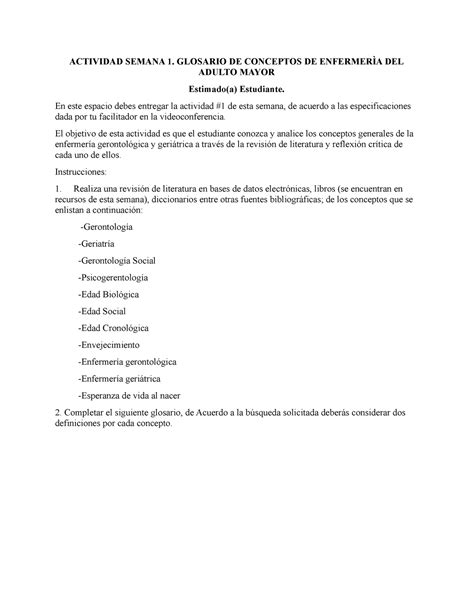 Act Semana 1 Enf Adulto Mayor Actividad Semana 1 Glosario De Conceptos De EnfermerÌa Del