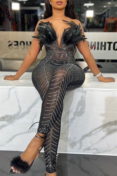 Wholesale Black Sexy Party Elegant Patchwork See Through Feathers Hot Drill Skinny Jumpsuits