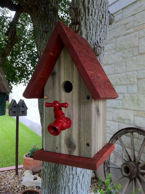 Red roof birdhouse....love the red faucet as a perch! Birdhouse Craft ...