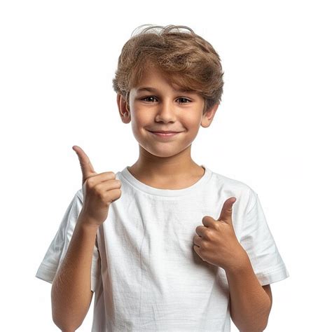 Um Menino Feliz Vestindo Uma Camiseta Branca Mostrando Os Polegares