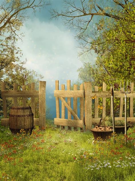 Old Garden with a Wooden Fence Stock Illustration - Illustration of ...