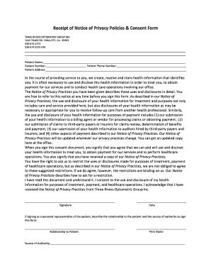 Fillable Online Receipt Of Notice Of Privacy Policies Consent Form