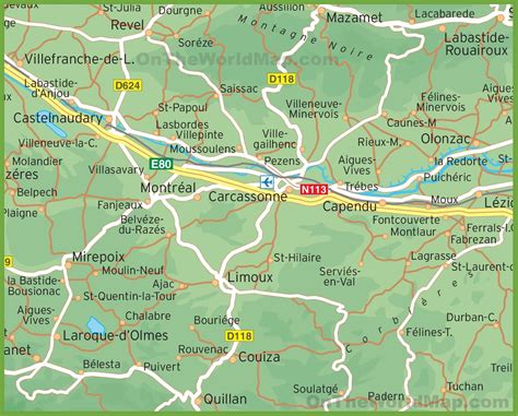 Map of surroundings of Carcassonne - Ontheworldmap.com