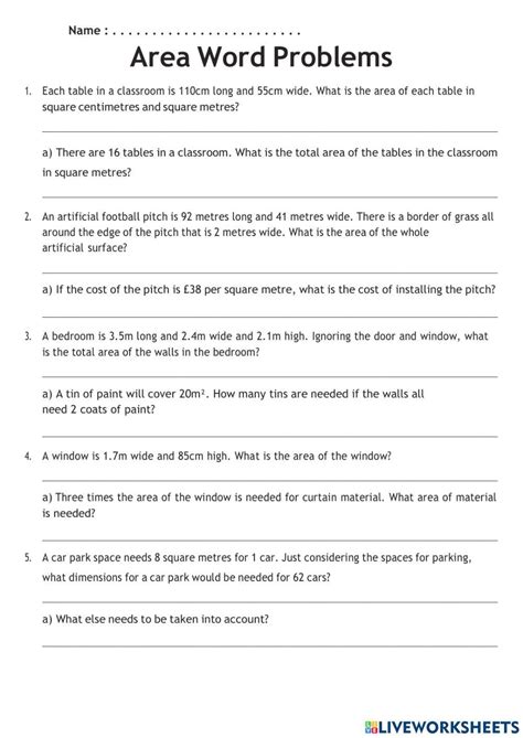 Area Word Problems Online Exercise For Live Worksheets Worksheets