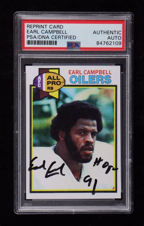 Earl Campbell Signed 1979 Topps 390 Reprint RC Inscribed HOF 91 PSA