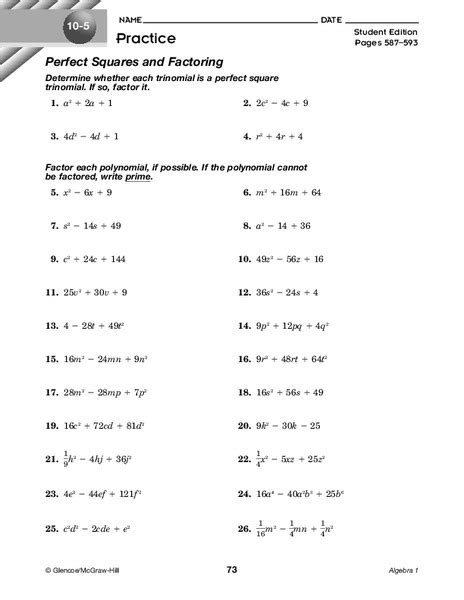 Factoring Perfect Square Trinomials Worksheet