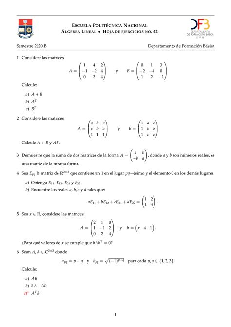 Algebra 2020 B Ejercicios EPN CLASE 001 Álgebra Lineal EPN Studocu