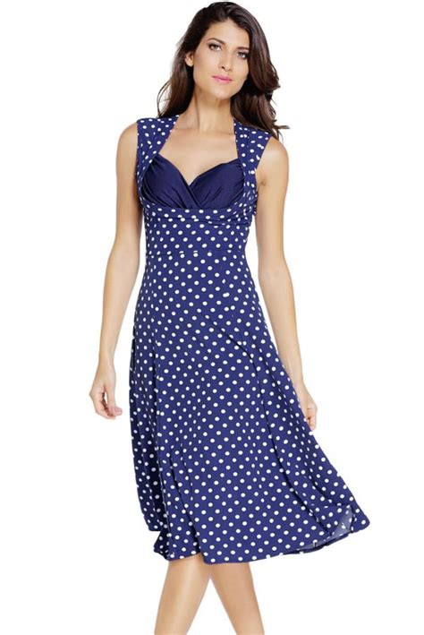 Women Summer Polka Dot Navy Skater Style Dresses Online Store For