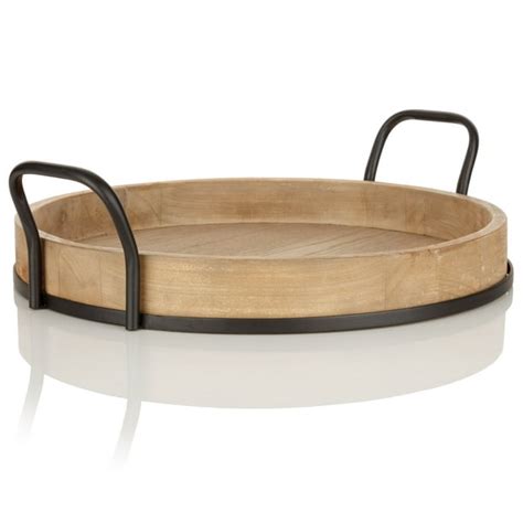 Better Homes & Gardens Round Rustic Brown Wood Serving Tray with Metal ...