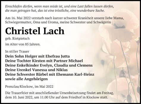 Traueranzeigen Von Christel Lach Trauer Nordkurier