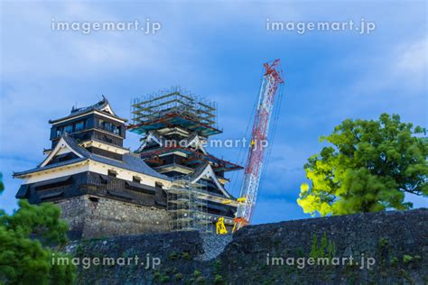 日本 熊本県熊本市、夜になってライトアップされた修復中の熊本城の天守閣の写真素材 184025181 イメージマート