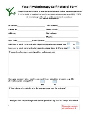 Fillable Online Yasp Physiotherapy Self Referral Form Fax Email Print