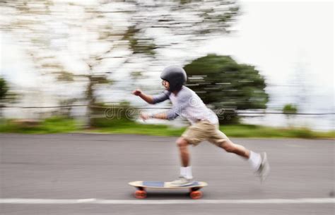 Skateboard Motion Blur And Man Speed On Road For Sports Competition