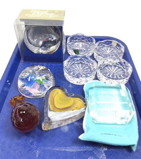 Lot 9pc Crystal And Art Glass Paperweights Ashtrays