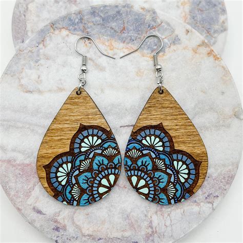 Mandala Earrings Wood Earrings Boho Bohemian Wood Etsy