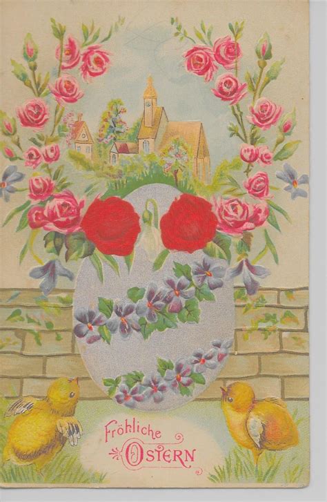 Frohliche Ostern German Easter Greetintg Attached Silk Chicks Flowers