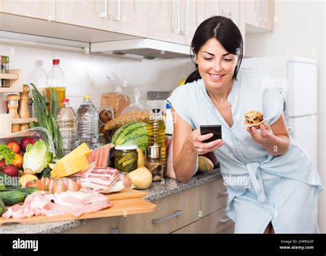 Female Is Chatting With Husband After Shopping In The Market Grocery