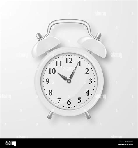 Vector Realistic 3d White Retro Alarm Clock Closeup On White Background