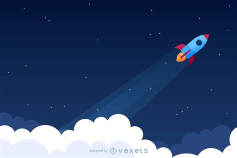 Illustrated Rocket Launching From The Clouds Into Outer Space Designed